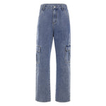 Weekeep Pockets Patchwork High Waist Jeans Women Streetwear Straight Jean Femme Blue 100% Cotton Cargo Pants